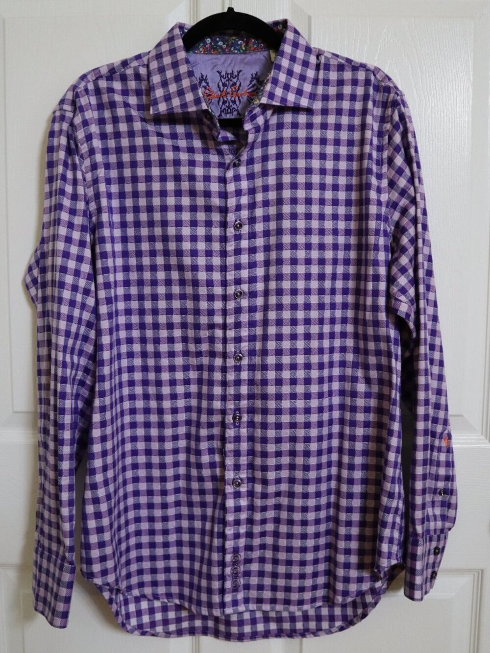 Robert Graham Plaid Button Down Shirt Sz M Floral Flip Cuff Classic Fit Purple